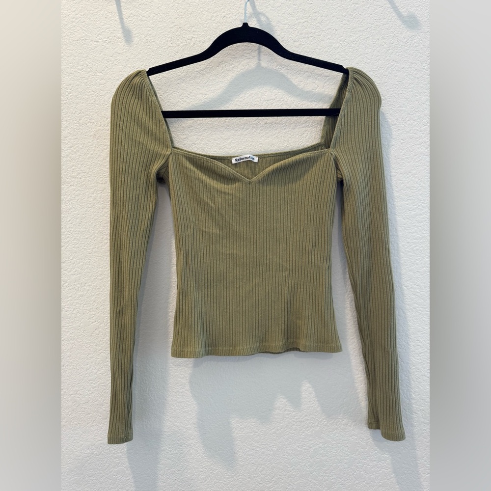 Reformation October Ribbed Knit Sweetheart Top Size M Olive Oil Green Cropped